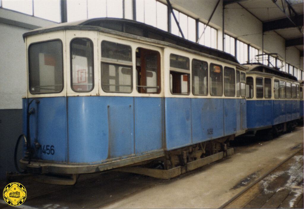 Der g 1.48-Beiwagen 1456 am 2. Juni 1992 in der Abstellhalle des Betriebshofs 3.