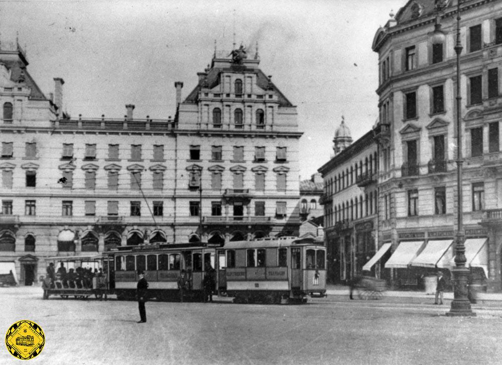Schleppbetrieb in der Brienner Straße
mit Akkulok-Vorspann, 1900.