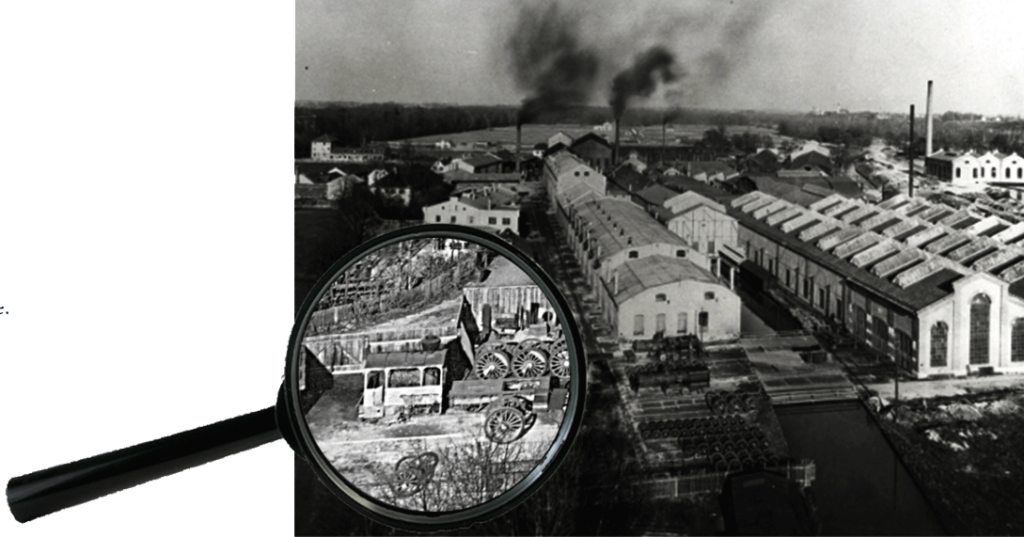 Am unteren linken Bildrand entdeckte er bei genauem Hinschauen die Münchner Dampftram-Lok VII auf dem Werkgelände.