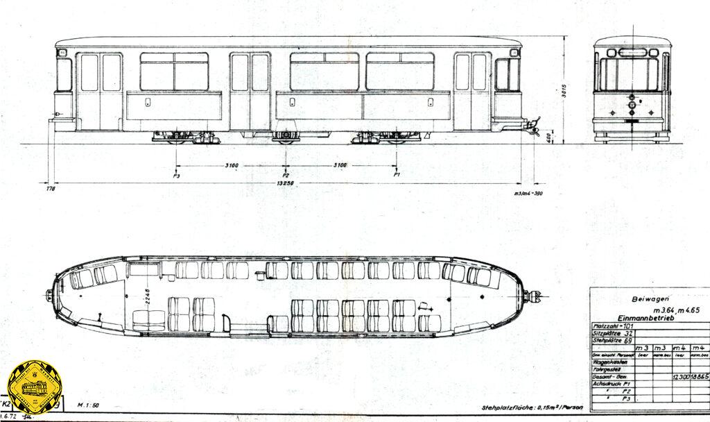 Technische Daten der m 3.64-Wagen:  Gesamtlänge: 13,25 m;
Breite: 2,25 m; Höhe: 2,99 m;
Gewicht: 11,3 t; 
28 Sitzplätze, 93 Stehplätze;
Wagennummern: 1611-1703; später: 3301 - 3393  Anzahl: 93 Stück.