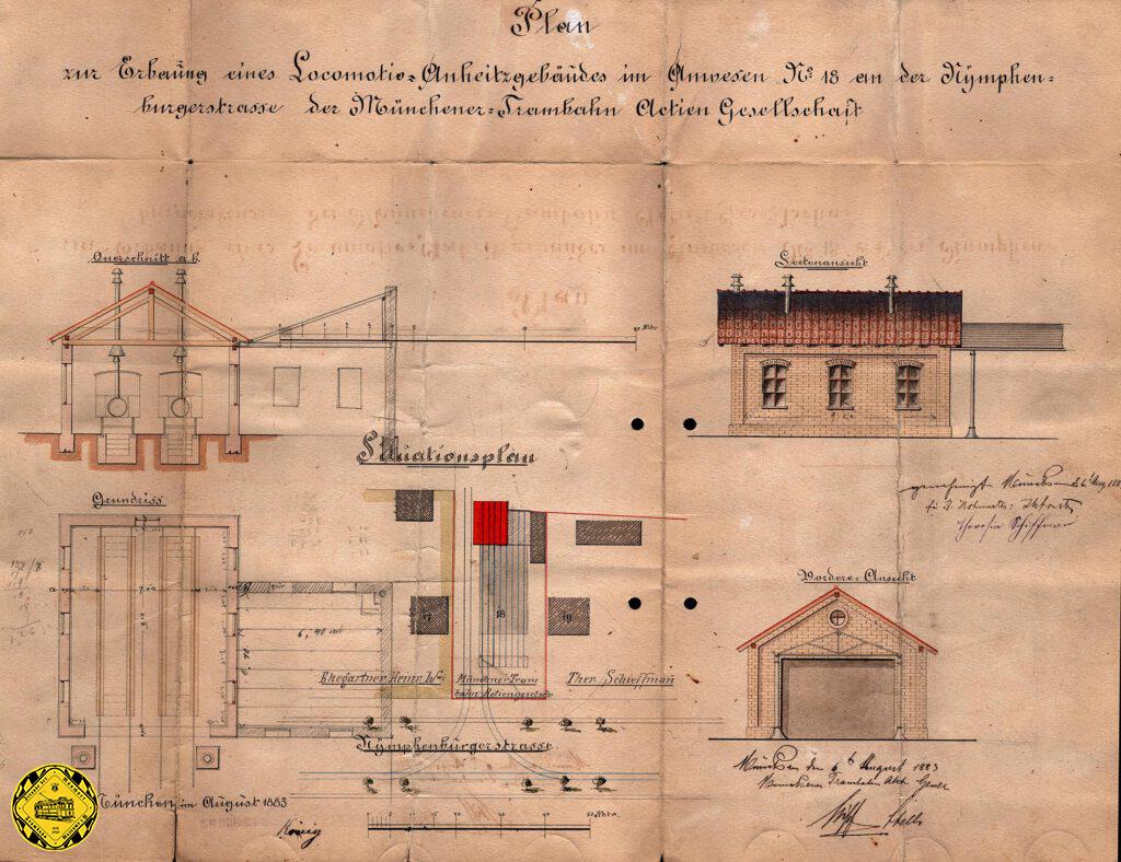Plan zur Erbauung einer Lokomotov-Anheizhalle an der Nymphenburgerstraße 6.August 1883.