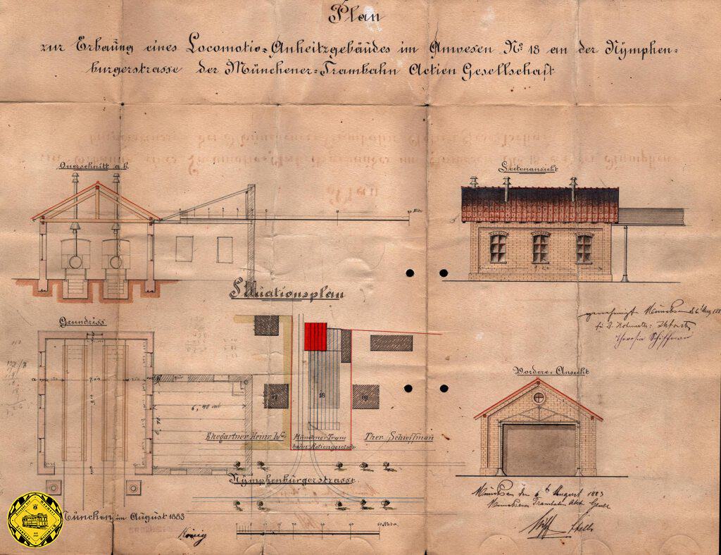 Plan zur Erbauung einer Lokomotov-Anheizhalle an der Nymphenburgerstraße 6.August 1883.