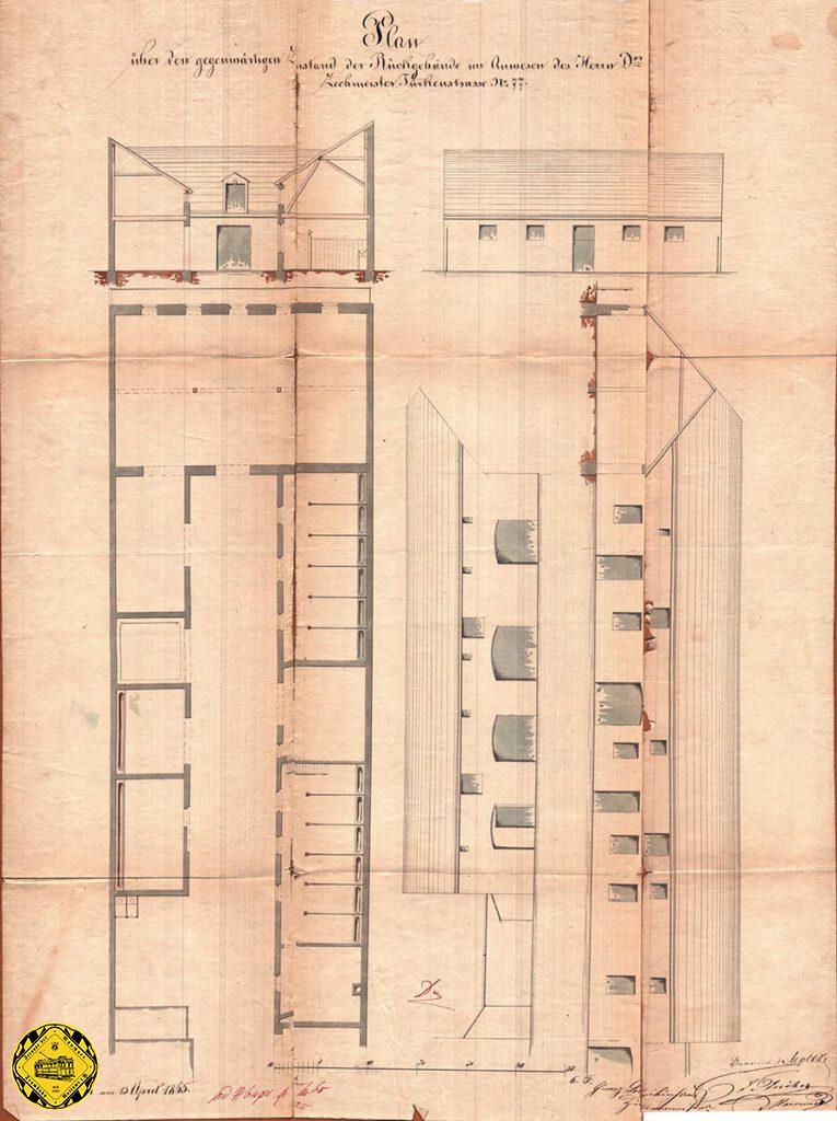 Manche Pläne aus den Archiven sind gewöhnungsbedürftig: dieser Plan vom 1865 zeigt die Stallungen des H. Zechmeister in verschiedenen Ansichten. Links unten der lageplan mit den Pferdeboxen, rundherum die Heustadl, Hufschmied und andere Service-Bereiche.