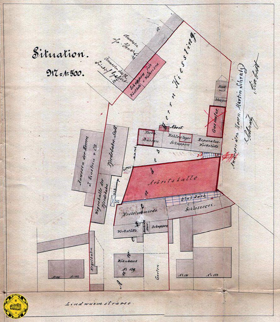 Der reine Stall wurde vom 19. Februar bis zum 31. März 1886 durch eine Wagenhalle mit 55 m Zufahrtsgleis und 60 m Remisengleis ergänzt.