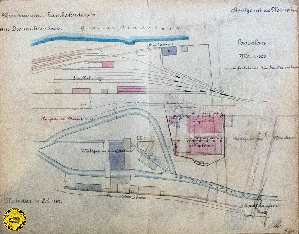 Auf den am 10.3.1892 eingereichten Plänen sieht man schon die Bahnanlagen der LAG der Isartalbahn oben und die geplanten zwei Hallen des Depot am Dreimühlenbach, die aber so nie realisiert wurden. 
