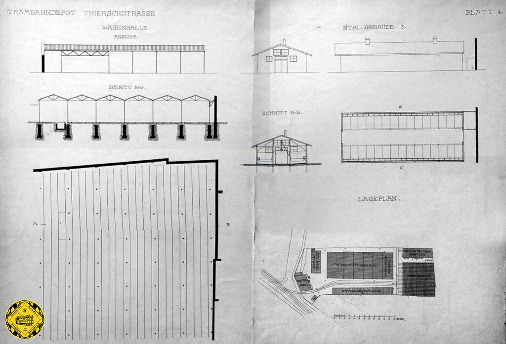 Der Betriebshof an der Thierschstraße war ein kleiner Betriebshof. Wir haben den Gleisplan und Grundriss von 1893 mit dem maximalen Ausbau gefunden: die Stallungen sind wie immer der größte Teil und über eine Schiebebühne wird die Wagenhalle bedient und eine kleines Werkstattgleis.