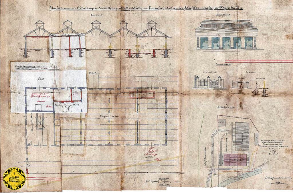1897 Umbau des alten Pferdestalles in eine Anhängerwagenhalle, Zufahrt von der Rückseite über einen Transporteur.