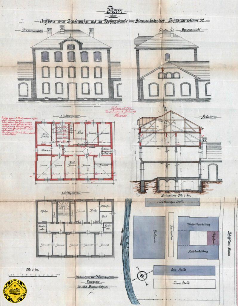 1909 wurde das Wohn- und Verwaltungs-Gebäude an der Schäftlarnstraße zwischen den zwei Werkstattgebäuden um ein drittes Stockwerk ergänzt. Aufnahme nach 1924 nach Umbau für Fahrleitungswerkstätte..