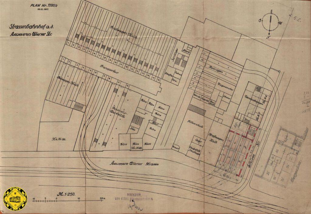 Am 18.Dezember 1917 reichte die Verwaltung der Trambahn einen Erweiterungsplan beim Bauamt ein. Auf diesem Plan kann man die Komplexität des Betriebshofs gut erkennen.