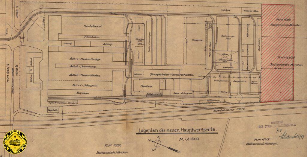 Der Umbau des Kriegsmetallwerks in einer Trambahn-Hauptwerkstätte ist umfangreich dokumentiert. Im Plan vom 2.Februar 1921 der ausführenden Baufirma Rank ist der Bau der Lagerbuchhaltung in der neuen HW zu sehen. 