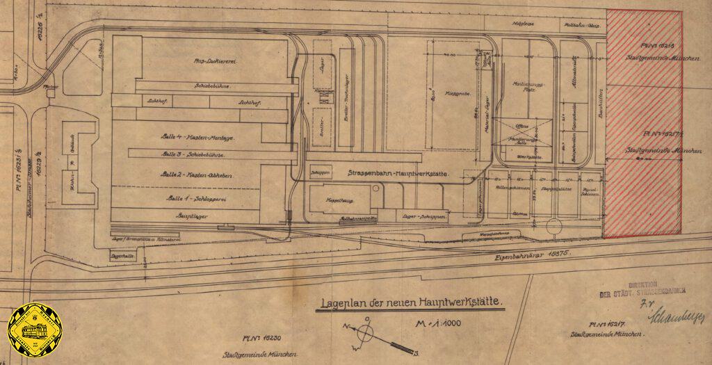 Der Umbau des Kriegsmetallwerks in einer Trambahn-Hauptwerkstätte ist umfangreich dokumentiert. Im Plan vom 2.Februar 1921 der ausführenden Baufirma Rank ist der Bau der Lagerbuchhaltung in der neuen HW zu sehen.