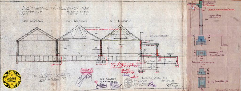 erste Erweiterung des Depot an der Soxhletstraße aus dem Dezember 1929: es wurde von den Herren Beblo & Meitinger eine weitere diesmal 95m lange viergleisige Wagenhalle angebaut.