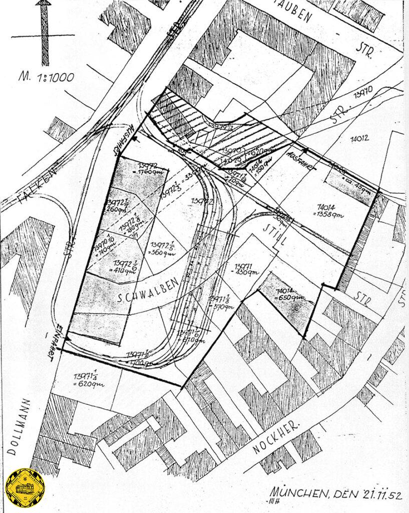 Im Jahr 1952 machte man sich Gedanken um einen Betriebshof für den Fahrleitungsbau und prüfte unter anderem einen Neubau an der Falken- und Dollmannstrasse. Kennen Sie nicht? Macht nichts, der wurde auch nie gebaut. Ein Exot in unserer Sammlung der Betriebshöfe der Münchner Trambahn.