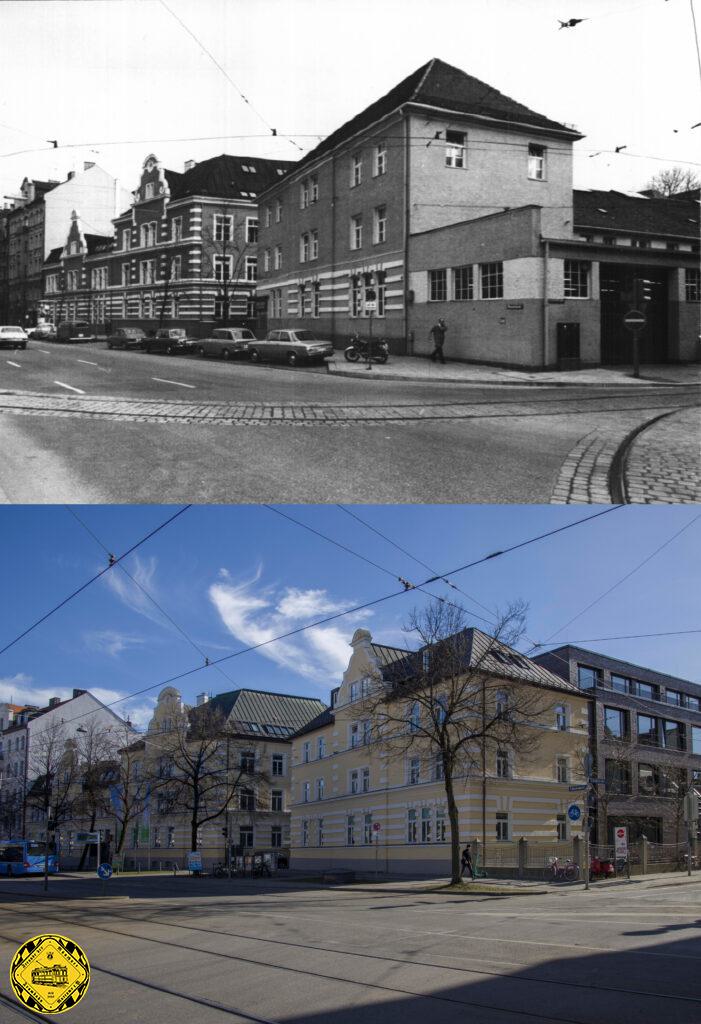 Auf diesem relativ jungen Bild vom März 1971 kann man diese Hallen noch am rechten Bildrand sehen. Bemerkenswert: das Gebäude im Vordergrund wurde nach der Kriegsbeschädigung aufgestockt um ein Stockwerk später wieder fast in die alte Bauform überführt.
