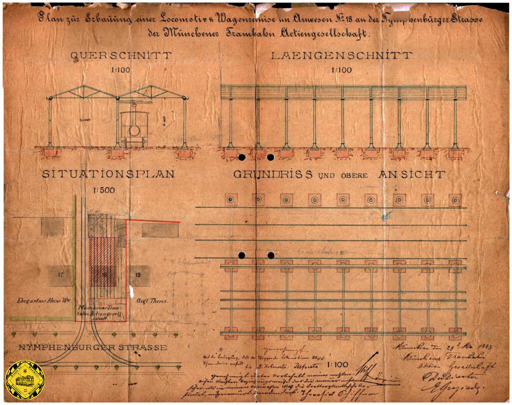 Plan zur Erbauung einer Lokomotiv- und Wagenhalle für den Dampftrambahn-Betrieb an der Nymphenburgerstraße 29.5.1883.