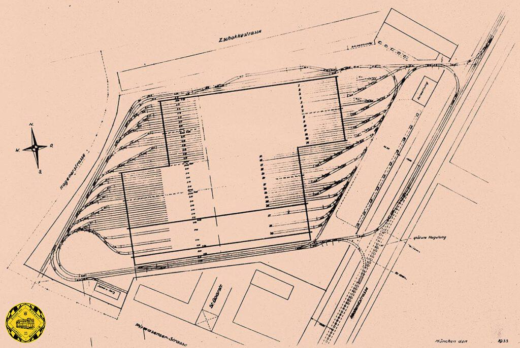 Der erste Gleisplan des Betriebshofs 3 ist grundsätzlich ähnlich dem Nachkriegsplan. Allerdings war anfangs die Einfahrt ausschließlich stadtauswärts aus der Westendstraße am nördlichen Punkt des Betriebshofs. 