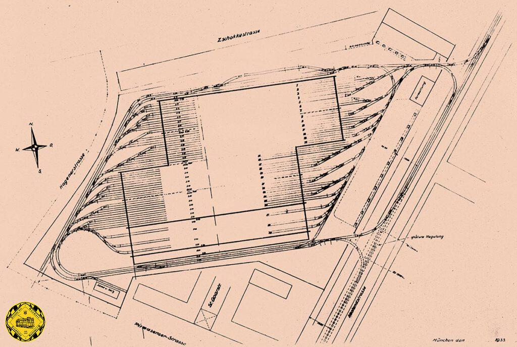 Der erste Gleisplan des Betriebshofs 3 ist grundsätzlich ähnlich dem Nachkriegsplan. Allerdings war anfangs die Einfahrt ausschließlich stadtauswärts aus der Westendstraße am nördlichen Punkt des Betriebshofs.