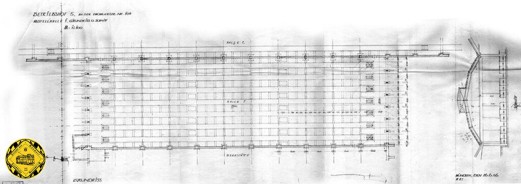 Für den Betriebshof 5 an der Dachauerstrasse gibt es einen Bauplan vom 26. Juni 1956, der die Aufteilung der Wagenhalle und der Wartungshalle zeigt.