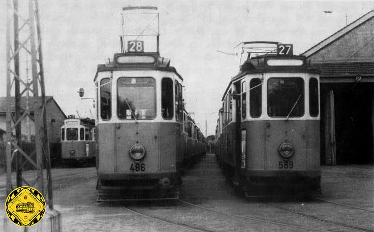 E1-Tw 589 im Betriebshof Soxhletstraße mit Zügen der Linien 28 und E17 aufgenommen am 16.6.1962.