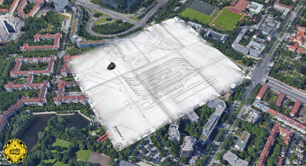 Fotomontage einst & jetzt: die genaue Lage des Depots an der Soxhletstraße 1965. Es ist schon die U-Bahnbau-Umfahrung der Linie 6 deutlich oben zu erkennen und unten die Zufahrtsgleise durch die Soxhletstraße zur Ungererstraße.