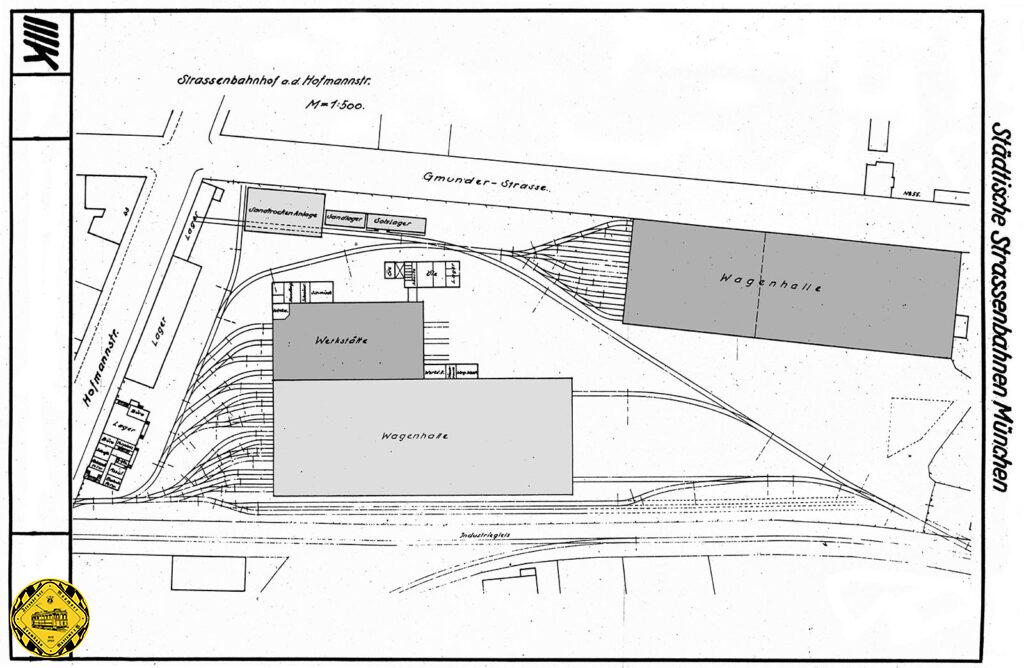 Bei Eröffnung waren an Gleisanlagen vorhanden: Zufahrtsgleis durch die Hofmannstraße: 337 m, Hofgleise: 918 m, Hallen- und Werkstättengleise: 1414 m; insgesamt 2669 m.