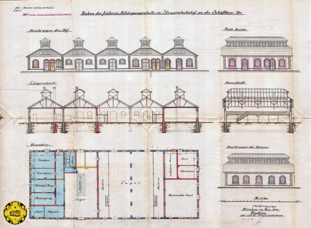 Gebäudeplan vom April 1914 für den Umbau der ehemaligen "Anhängwagenhalle".