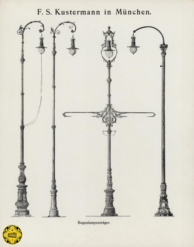 Im Katalog der Firma Kustermann Gusswerke hatte man für die Lindwurmstraße angemessene Mittelmasten mit Beleuchtung und Oberleitungs-Aufhängungen gefunden.