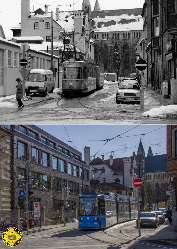 Am 28.2.1986 kommt auf der Linie 29 der Tw 2656 + Bw aus der Schloßstraße auf den Max-Weber-Platz.