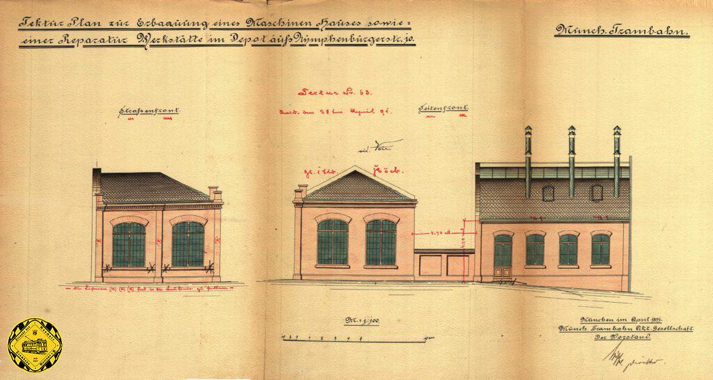 Durch die veränderte Betriebssituation mit der Dampftram jetzt in der Blutenburgstraße wurde schon im September 1890 mit dem Bau eines neuen 3-ständigen Lokschuppens und einer 2-ständigen Reparaturwerkstatt auf dem noch freien Gelände hinter dem Pferdestall zur Blutenburgstraße begonnen.