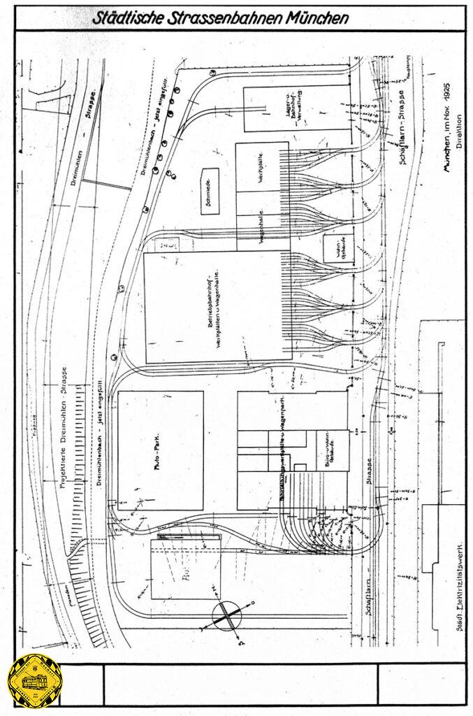 Der Gleisplan des Betriebshofs 1 an der Schäftlarnstraße im Jahr 1925 in seiner maximalen Ausbauphase.