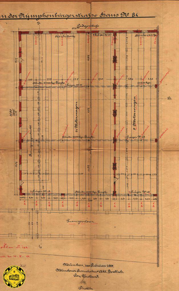 Im Februar 1899 reichte die Münchner Trambahn Aktiengesellschaft diesen Plan für eine Motorwagenhalle ein. Die 10 Gleise waren unten mit einem Transporteur verbunden und die rechten 3 Gleise waren beheizbar