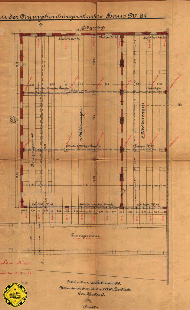 Im Februar 1899 reichte die Münchner Trambahn Aktiengesellschaft diesen Plan für eine Motorwagenhalle ein. Die 10 Gleise waren unten mit einem Transporteur verbunden und die rechten 3 Gleise waren beheizbar