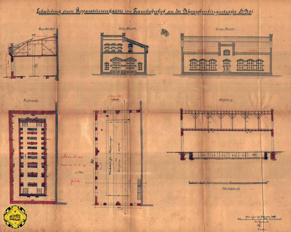 Plan zur Erbauung einer Reparaturwerkstätte im Trambahnhof an der Nymphenburgstraße 81 vom Februar 1899.