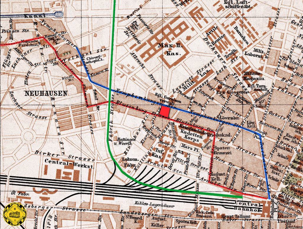 Die Verlängerung der Pferdebahn in der Nymphenburgerstraße nach Neuhausen ab November 1890 auf den Gleisen der Dampftram (blau) führte zu einer Verlegung der Strecke der Dampftram (rot) von der Endhaltestelle Stiglmaierplatz zum Centralbahnhof (heute Starnberger Bahnhof), über Salzstraße (heute Arnulfstraße), die Spatenstraße (heute Zirkus Krone Straße) in die Blutenburgstraße und weiter über die Schlör-, Donnersberger und Winthirstraße zu ihrer ursprünglichen Strecke in die Romanstraße.