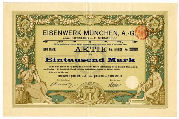 Aktie des Eisenwerk München, bisher sind nur 3 Blätter bekannt, letzter erzielter Verkaufswert 6000.- €.