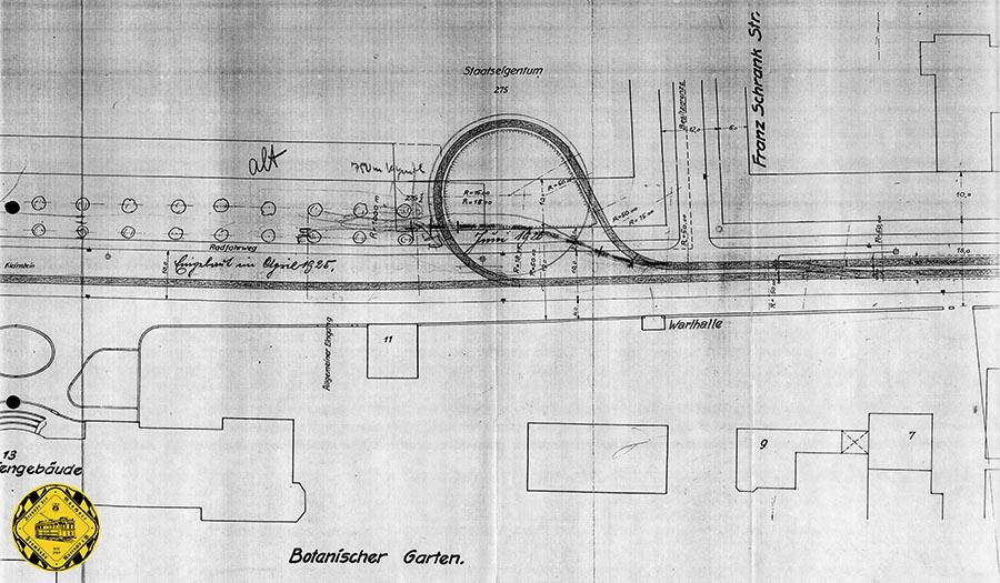 Die Baustelle der neuen Schleife am Botanischen Garten im Mai 1920 vom Haus der Botanischen Gartens aus gesehen.