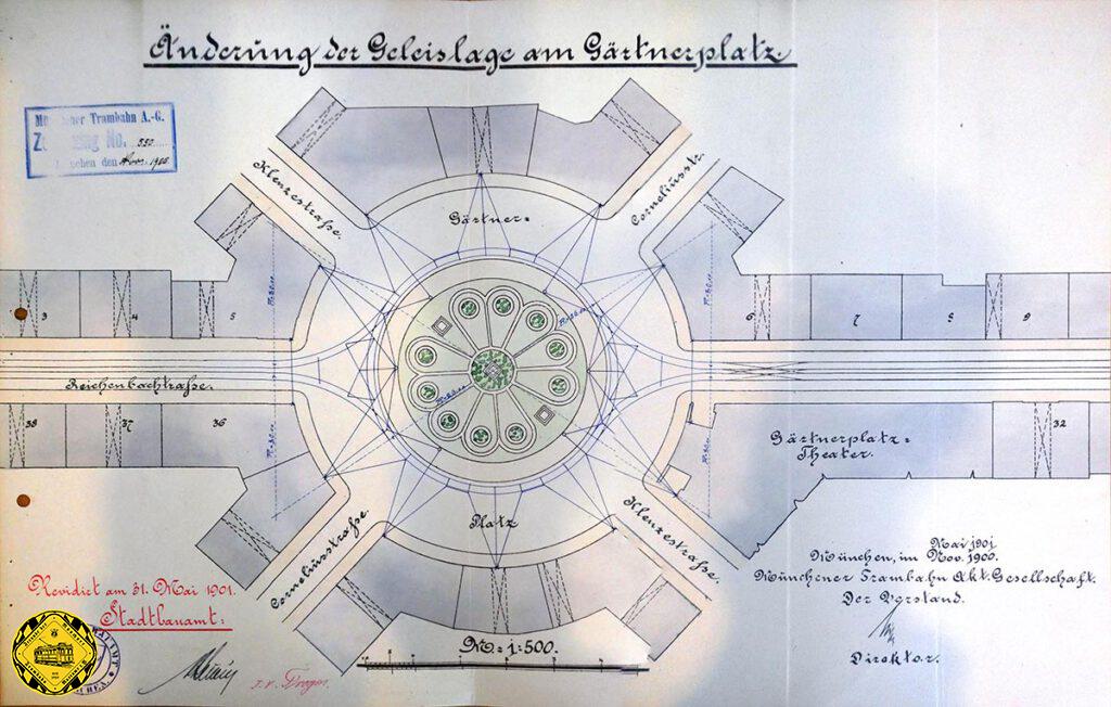 Lange währt diese Konstruktion der Gleisanlagen am Gärtnerplatz nicht. Schon im Sommer 1900 werden Planungen gemacht, den Gärtnerplatz als Schleife auszuführen und dabei auch für den Trambahnbetrieb eine größere Flexibilität zu erreichen. Die Umsetzung erfolgt im Mai 1901.