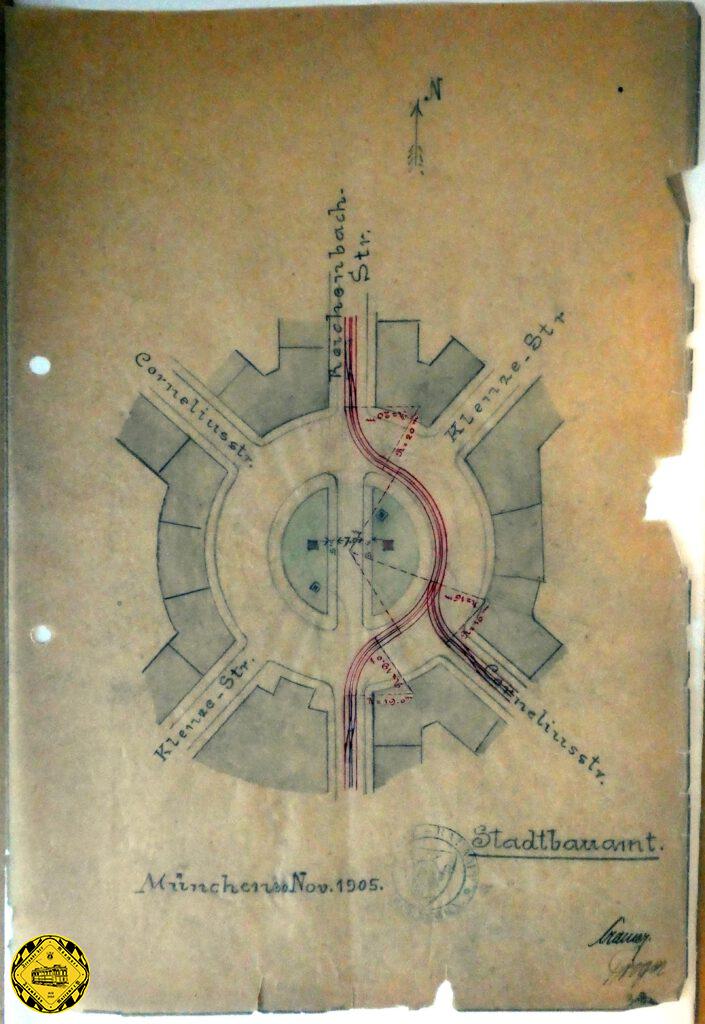 Die Euphorie der Städteplaner haben Anfang des 20. Jahrhunderts auch die Planer der Straßen und Trambahnen erfasst. Schon ist man dabei weitere Trambahnstrecken zu planen wie zum Beispiel eine vom Gärtnerplatz über die Corneliusstraße und über die Isar weiter zum Mariahilfplatz. Dazu benötigte man aber eine Abzweigung vom Gärtnerplatz.
Diese Abzweigung kann man nun in verschiedenen Planungsvarianten durchspielen. Dabei war man bereit, für den Verkehr auch mal Opfer zu bringen. Aus dieser Zeit sind auch Planungen überliefert, das Maxmonument in der Maximilianstraße zu versetzen, um der Trambahn mehr Raum zu bieten. Diese Gedanken sprangen auch auf den Gärtnerplatz über.