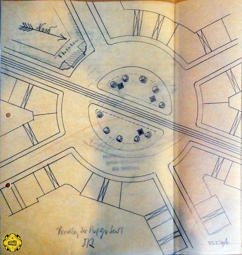 Bei unserem letzten Plan vom Januar 1906 ist die Abzweigung in die Corneliusstraße wieder vom Tisch, aber die Durchschneidung des Rondells noch aktuell. Aber wie es so mit der Tusche auf dem Zeichenpapier ist, es gibt irgendwo die große Schublade, wo alle Planungen irgendwann verschwinden und es gab Gott sei Dank Leute, die diese Pläne trotzdem archiviert haben, damit wir heute in den pergament-Papieren nachvollziehen können, was alles geplant wurde, aber nicht umgesetzt wurde.