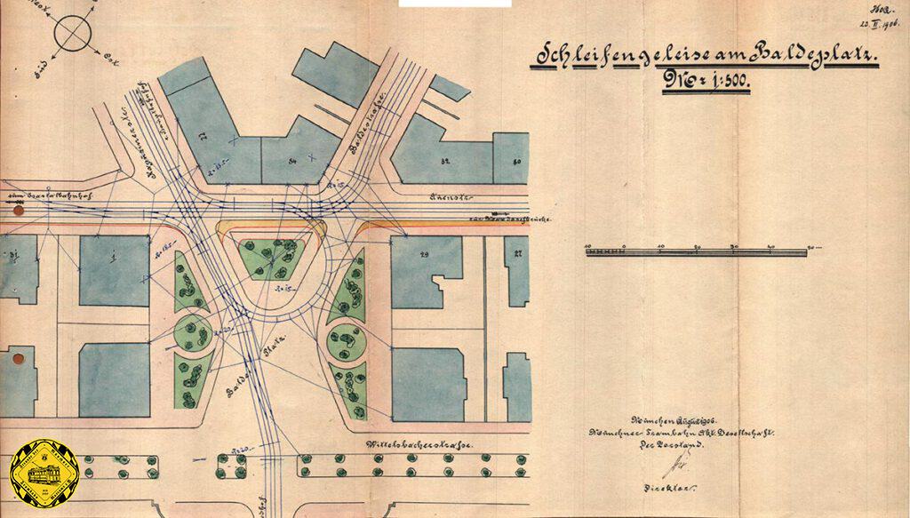 Am 23.Juni 1906 lagen dem Magistrat 2 Planungsvarianten für die Schleifenanlage am Baldeplatz vor: man ging damals davon aus, unbedingt eine Trambahnstrecke vom Baldeplatz durch die Baldestraße direkt in die Innenstadt zu brauchen. Diese Planungen wurden aber später nicht weiter verfolgt.
