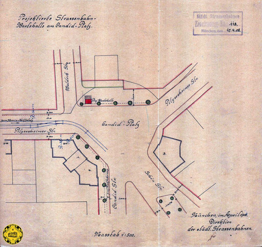 Am Candidplatz gab es erstmal keine Wendeschleife, sondern nur ein Stumpfgleis. Zur Streckeneröffnung/ Verlängerung von der Freibadstraße zum Candidplatz wanderte auch die Wartehalle von der Freibadstraße zum Candidplatz. Diese Wartehalle wurde 1938 abgerissen.