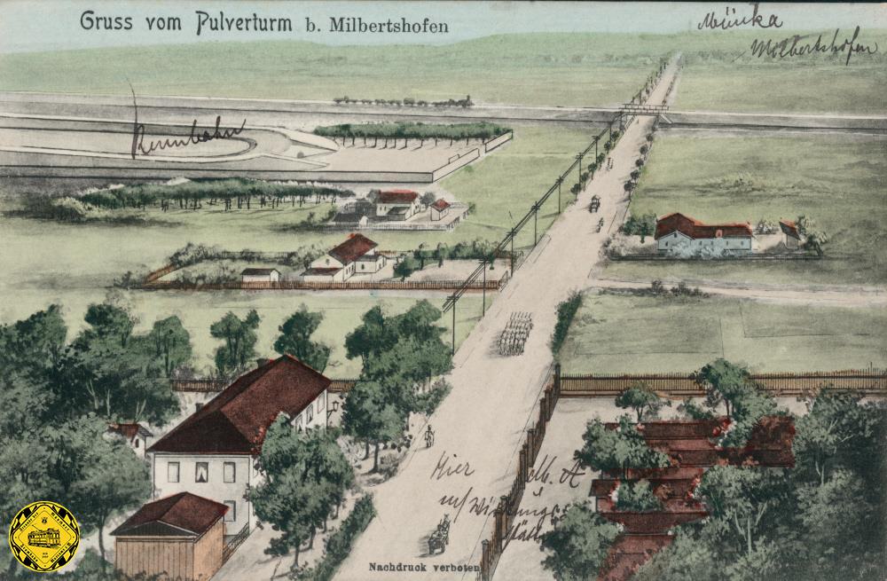Auf der zeitgenössischen Postkarte von 1908 sieht man im Hintergrund die Eisenbahn auf dem Nordring, davor die Radrennbahn und ganz vorne Alt-Milbertshofen mit Schliessheimerstraße.