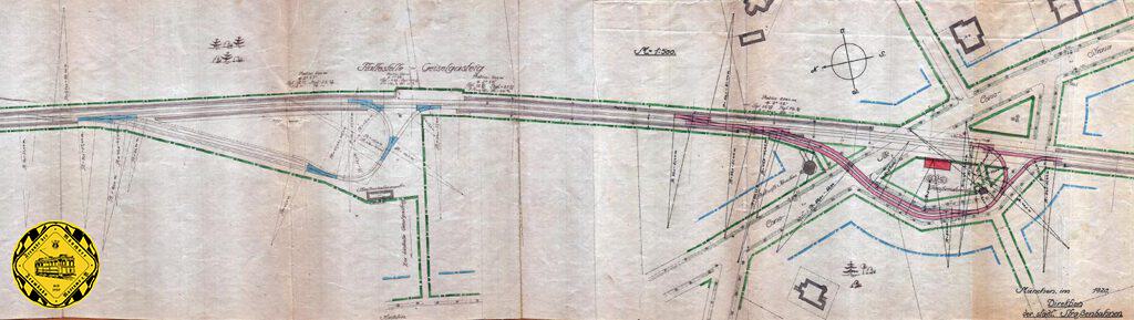 1920 wird der Bedarf für eine neue Schleife an der Corso-Straße in Grünwald als Ersatz für die Geiselgasteigschleife erhoben und Planungen eingeleitet, - und nie gebaut. Fünf Jahre später kommt dann die heute noch betriebene Schleife Großhesseloher Brücke.