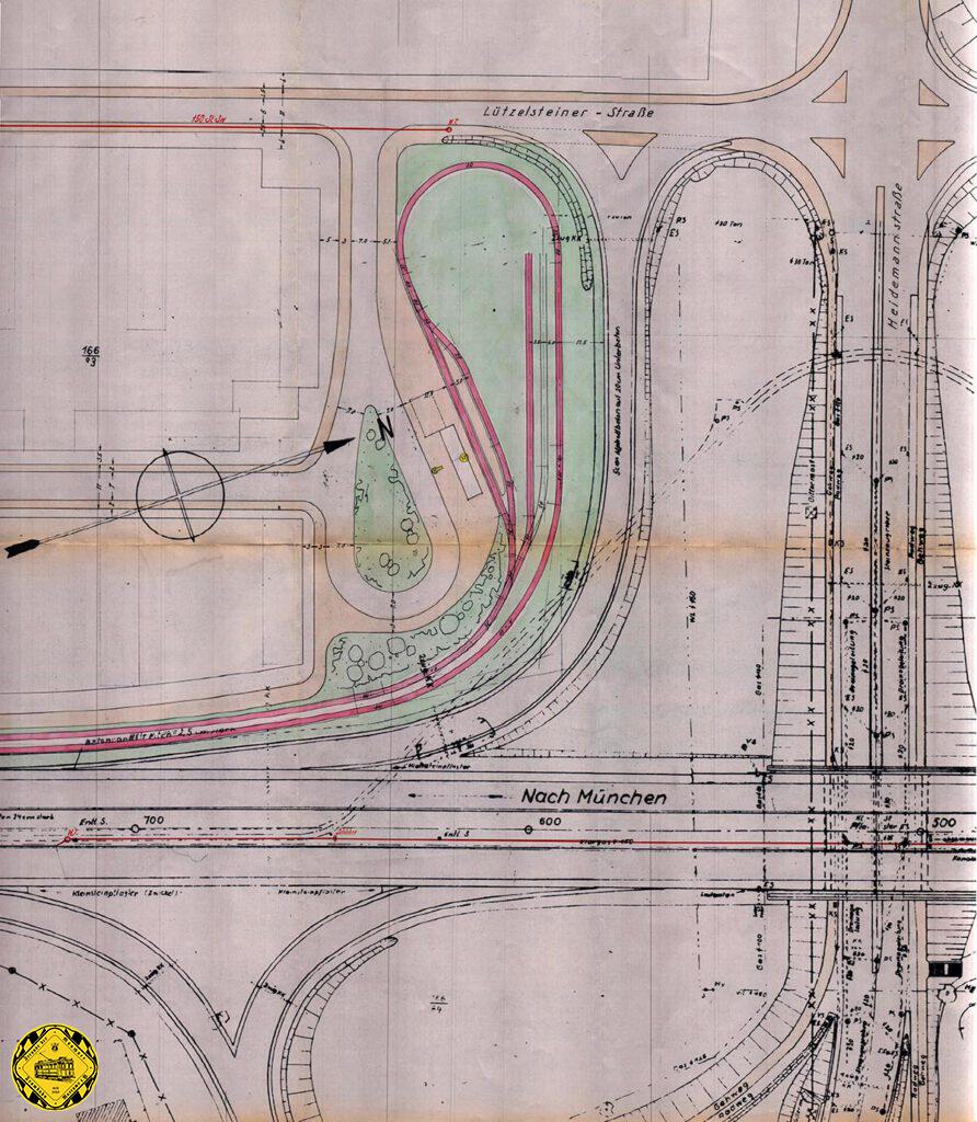 Mit einem Tunnel ging es unter dem Frankfurter Ring, der Max-Valier-Strasse und dem Eisenbahn-Nordring hindurch und elegant geschlungen unter dem ebenfalls gerade erst fertiggestellten Tatzelwurm durch zum Freimanner Platz. Heute benutzt genau diese Trasse die U6 bei ihrer oberirdischen Fahrt von Studentenstadt nach Freimann und weiter nach Kieferngarten. Der Plan zeigt die Schleife und die Hinterstellgleise, die allerdings nicht alle verwirklicht wurden.