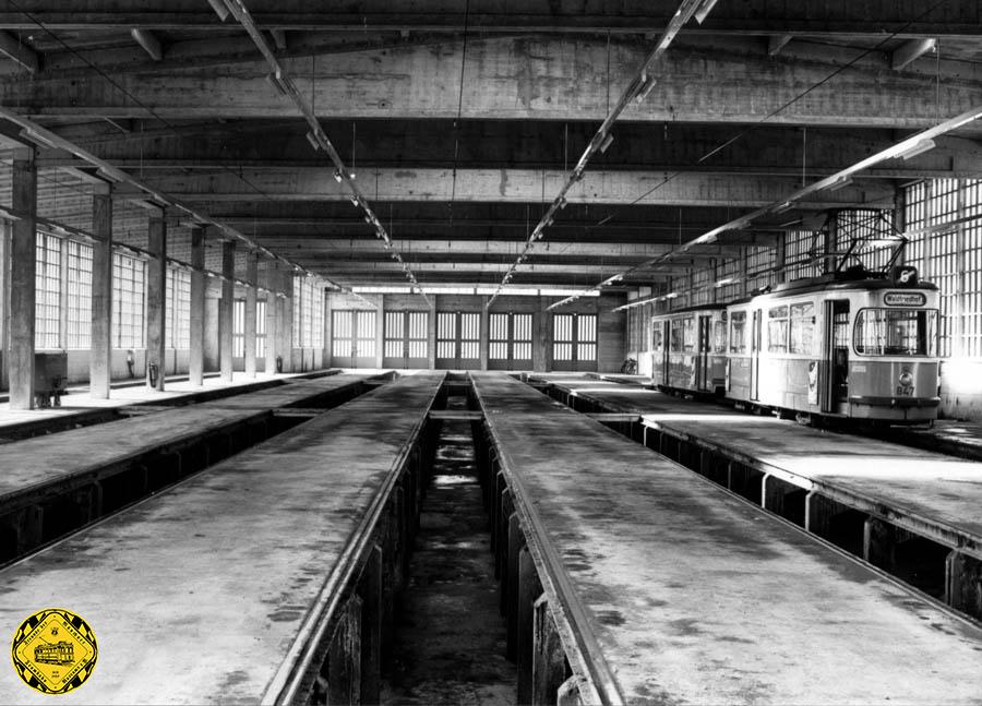 Am 9.März 1956 wagte der Fotograf im Betriebshof Hofmannstraße einen Blick in die neue Wagenhalle.