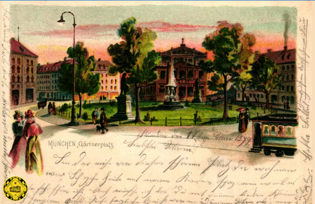 Das Foto von 1900 zeigt die einfache Umfahrung der Mittelinsel auf dem Gärtnerplatz.