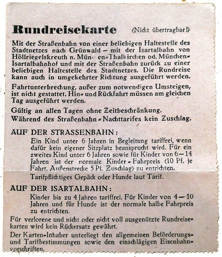 Nachdem die Strecke nach Grünwald am 12.08.1910 eröffnet war, zweigten die Münchner ein großes Interesse an diesem Naherholungsgebiet. Besonders beliebt waren die Rundfahrkarten München - Grünwald - München in Kooperation mit der Münchner Straßenbahn: mit der Trambahn nach Grünwald und auf der anderen Isarseite wieder zurück nach München mit der Isartalbahn oder umgekehrt. 