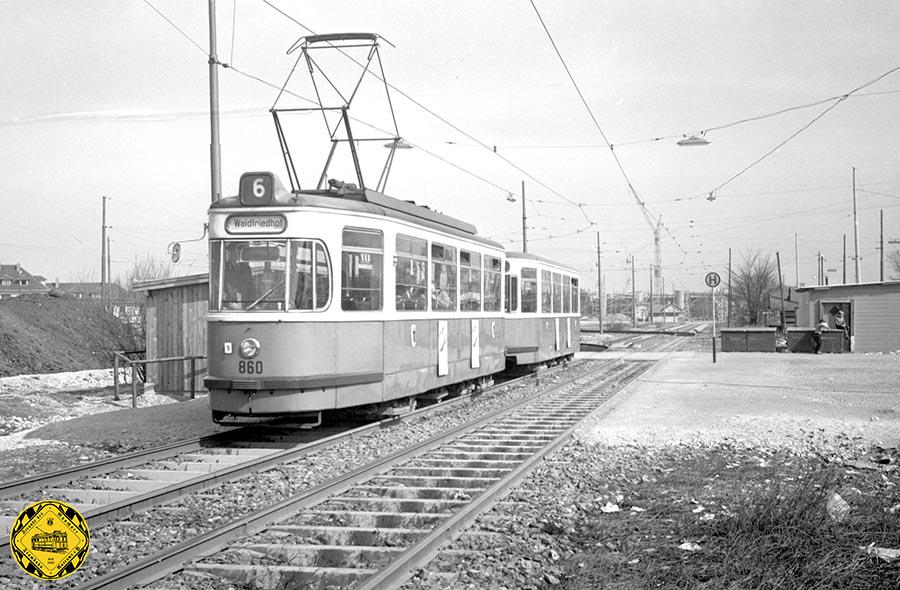 Der M3-Tw 860 + Bw auf der Linie 6 an der neuen Schleife Freimann im März 1959