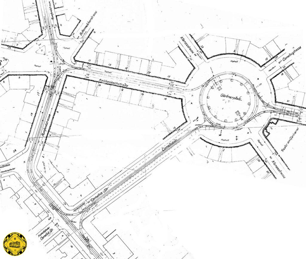 Ab dem 1.6.1975 kam der nebenstehende Gleisplan zum tragen und sollte für die nächsten Jahre als Baustellenumfahrung herhalten. Am 29.September 1978 war die Strecke durch die Fraunhoferstraße nach dem U-Bahnbau wieder befahrbar und die Strecke durch die Corneliusstraße wurde abgebaut.