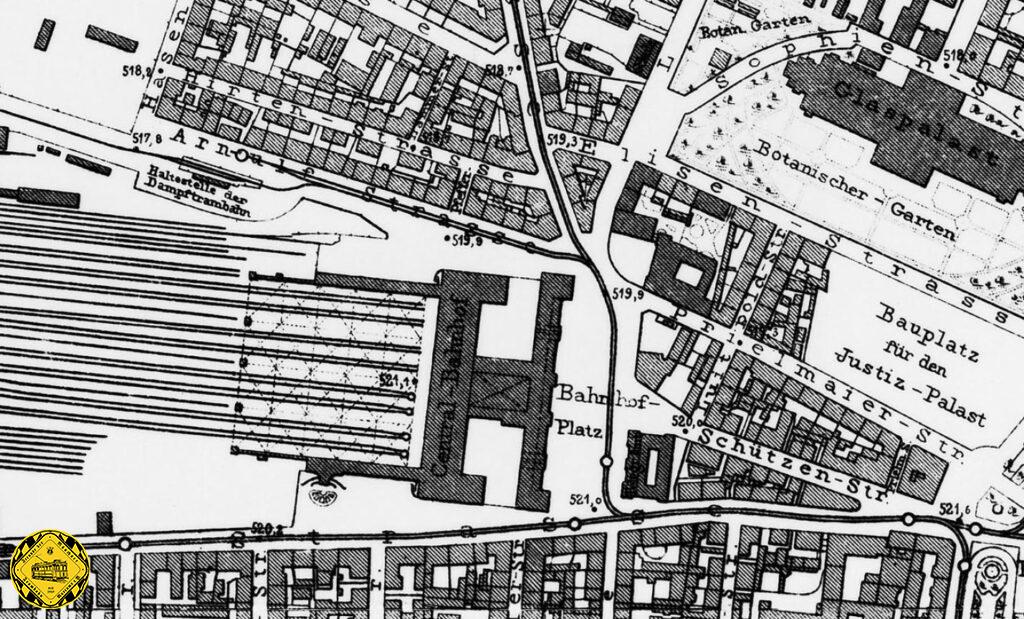 Der Stadtplan von München von 1891 zeigt gut die Neuerungen dieses Jahres: in der Salzstraße, der späteren Arnulfstraße ist der neue Endpunkt der Dampftrambahn nach Nymphenburg, die nach Prinzregenten-Dekret nicht mehr durch die Nymphenburgerstraße fahren durfte und von von hier aus über die Blutenburgstraße zum Volksgarten in Nymphenburg fuhr. Interessant auf diesem Plan auch der vermerkte Bauplatz für den Justitzpalast.